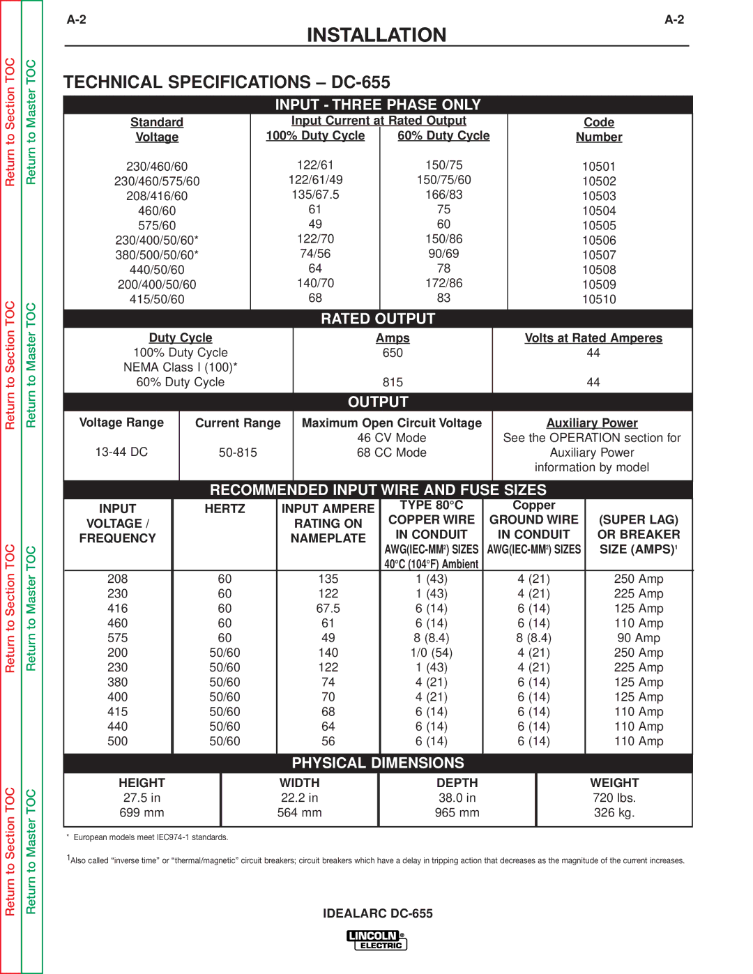 Lincoln Electric service manual Installation, Technical Specifications DC-655 