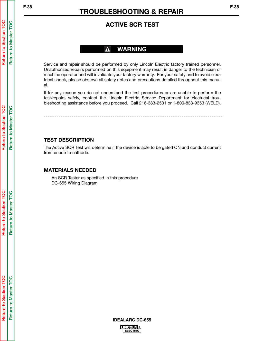 Lincoln Electric DC-655 service manual Active SCR Test, Test Description 