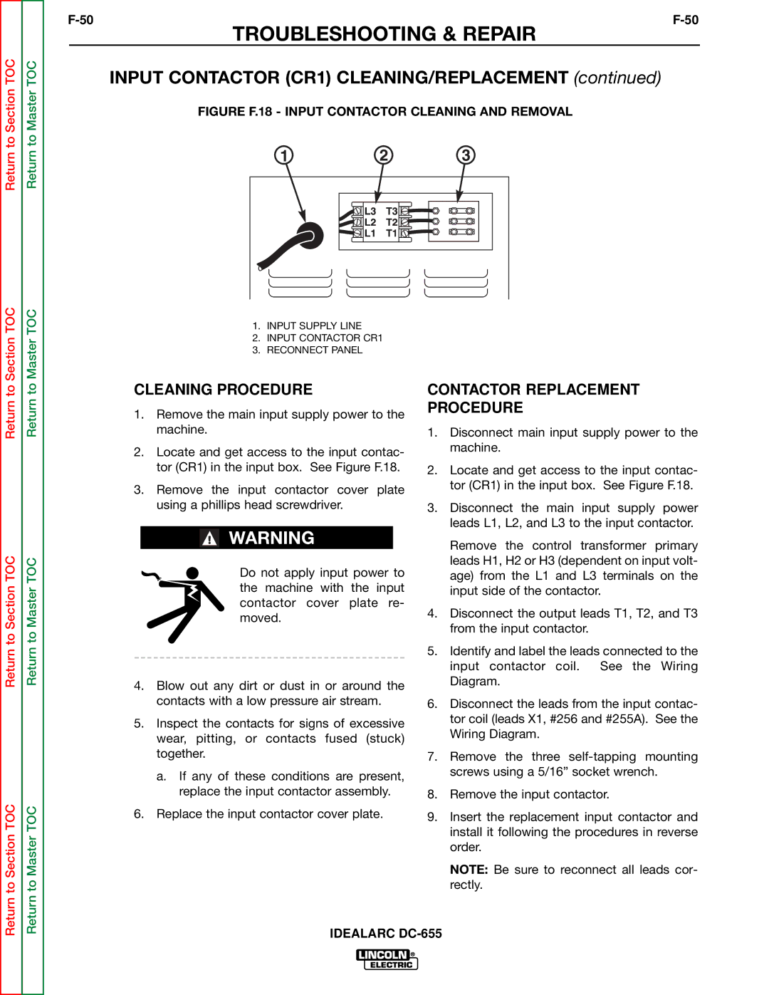 Lincoln Electric DC-655 service manual Input Contactor CR1 CLEANING/REPLACEMENT, Cleaning Procedure 