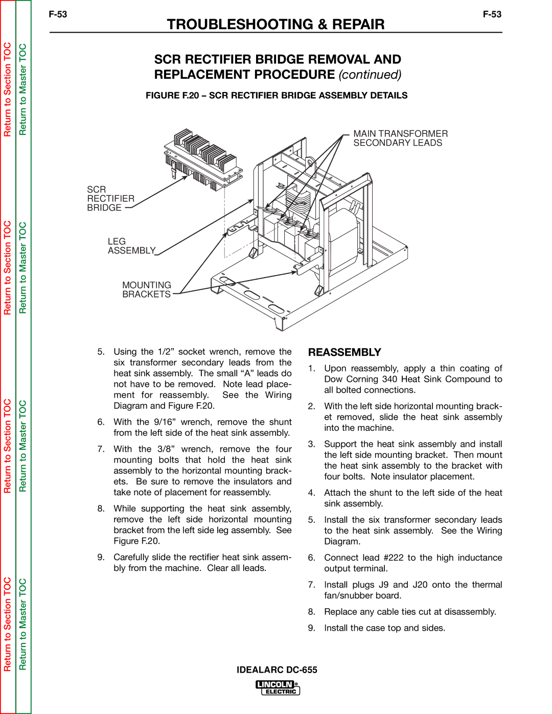 Lincoln Electric DC-655 service manual Reassembly, SCR Rectifier Bridge LEG Assembly Mounting Brackets 