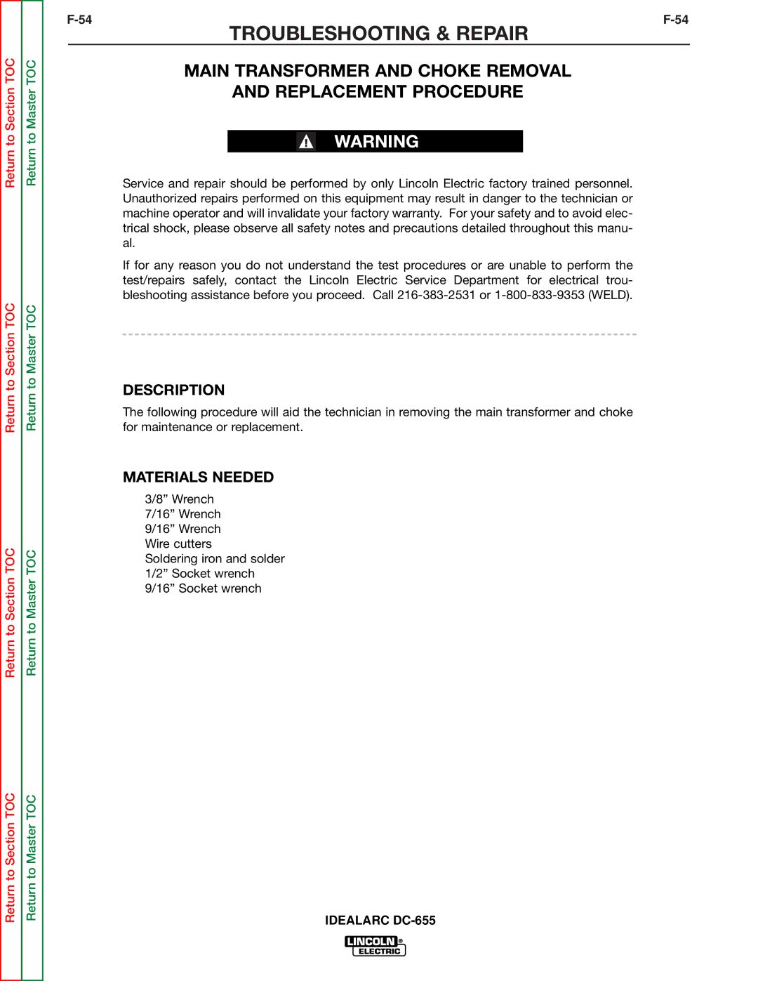 Lincoln Electric DC-655 service manual Main Transformer and Choke Removal Replacement Procedure, Description 