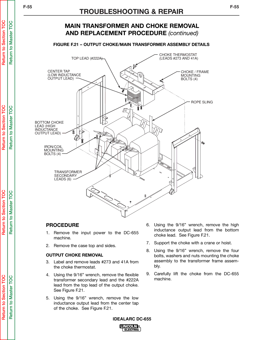 Lincoln Electric DC-655 service manual Main Transformer and Choke Removal, Output Choke Removal 