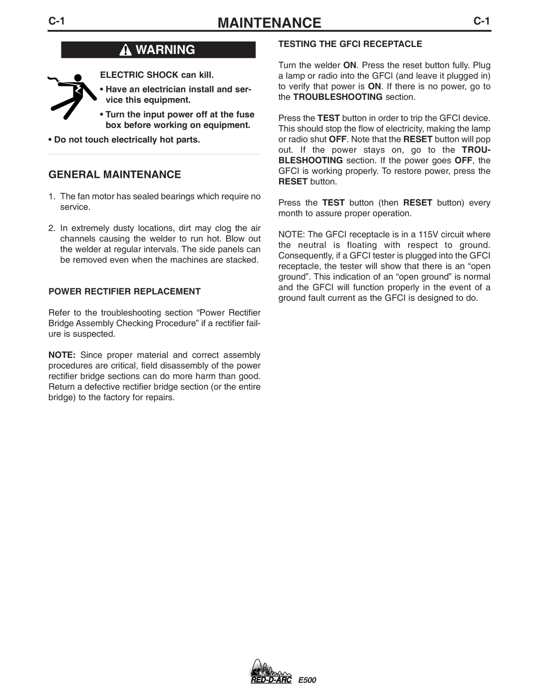 Lincoln Electric E500 specifications General Maintenance, Power Rectifier Replacement, Testing the Gfci Receptacle 