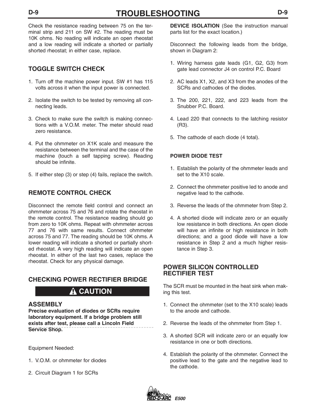 Lincoln Electric E500 specifications Toggle Switch Check, Remote Control Check, Checking Power Rectifier Bridge Assembly 