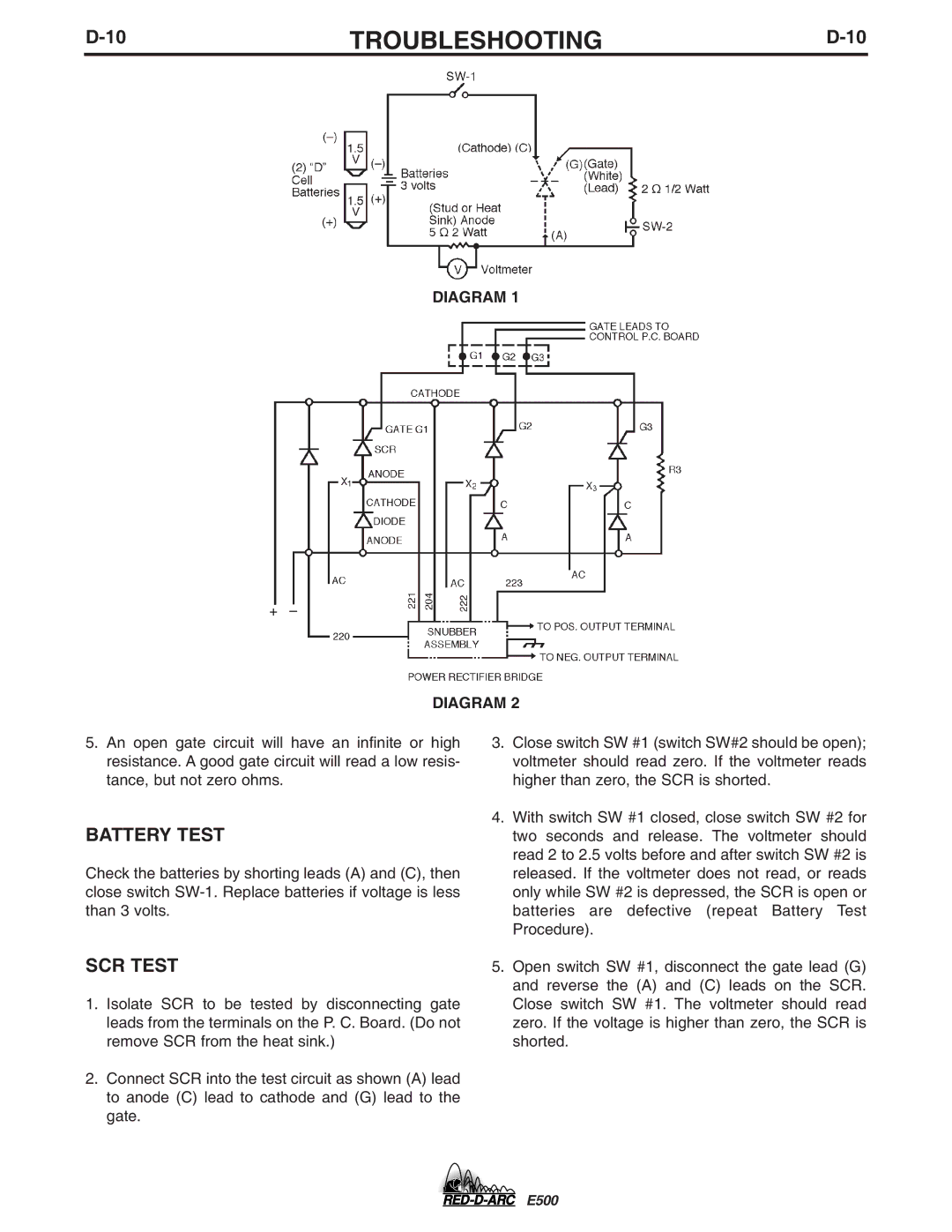 Lincoln Electric E500 specifications Battery Test, SCR Test, Diagram 