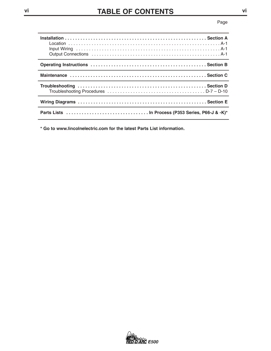 Lincoln Electric E500 specifications Table of Contents 