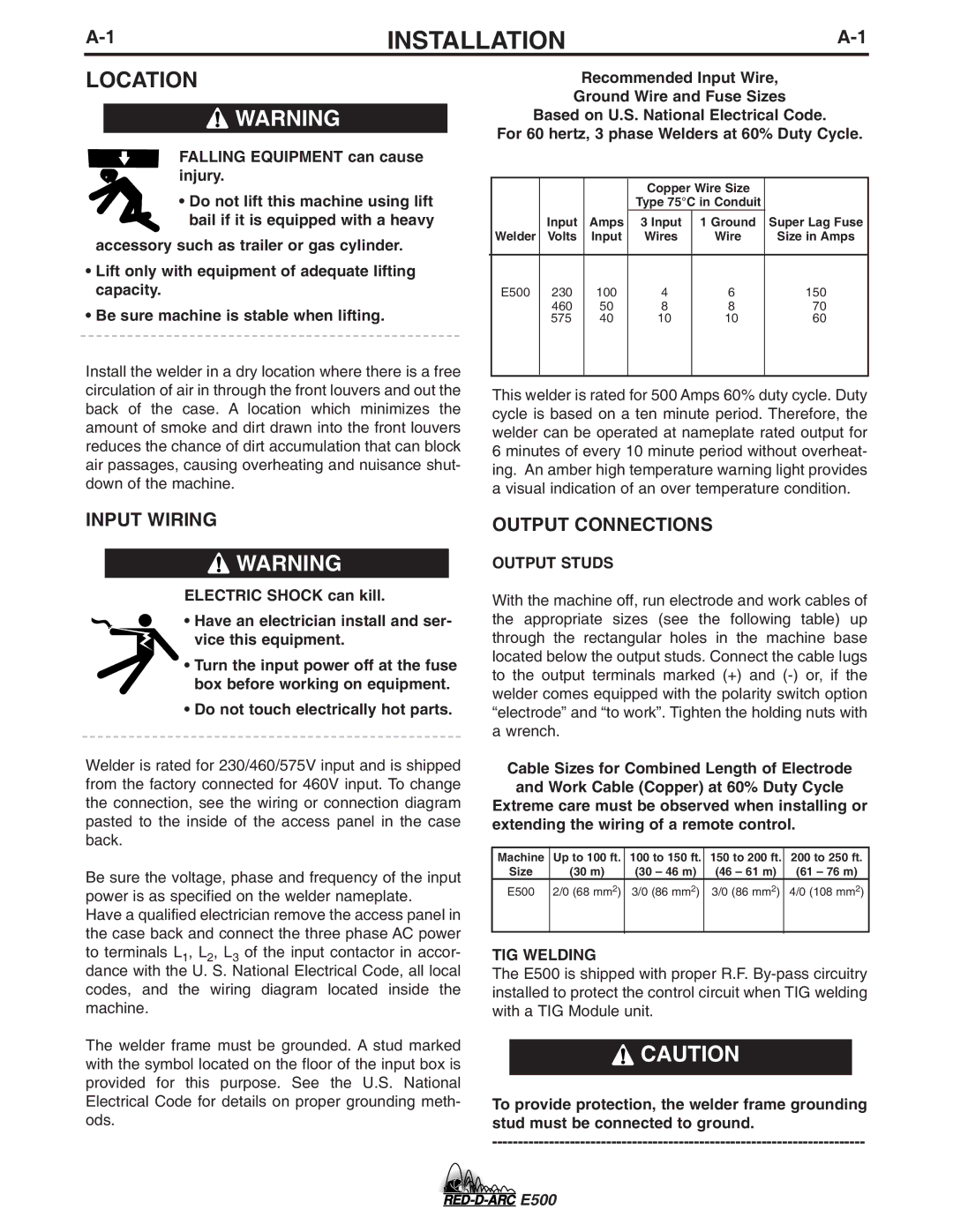 Lincoln Electric E500 specifications Installation, Input Wiring, Output Connections, Output Studs, TIG Welding 