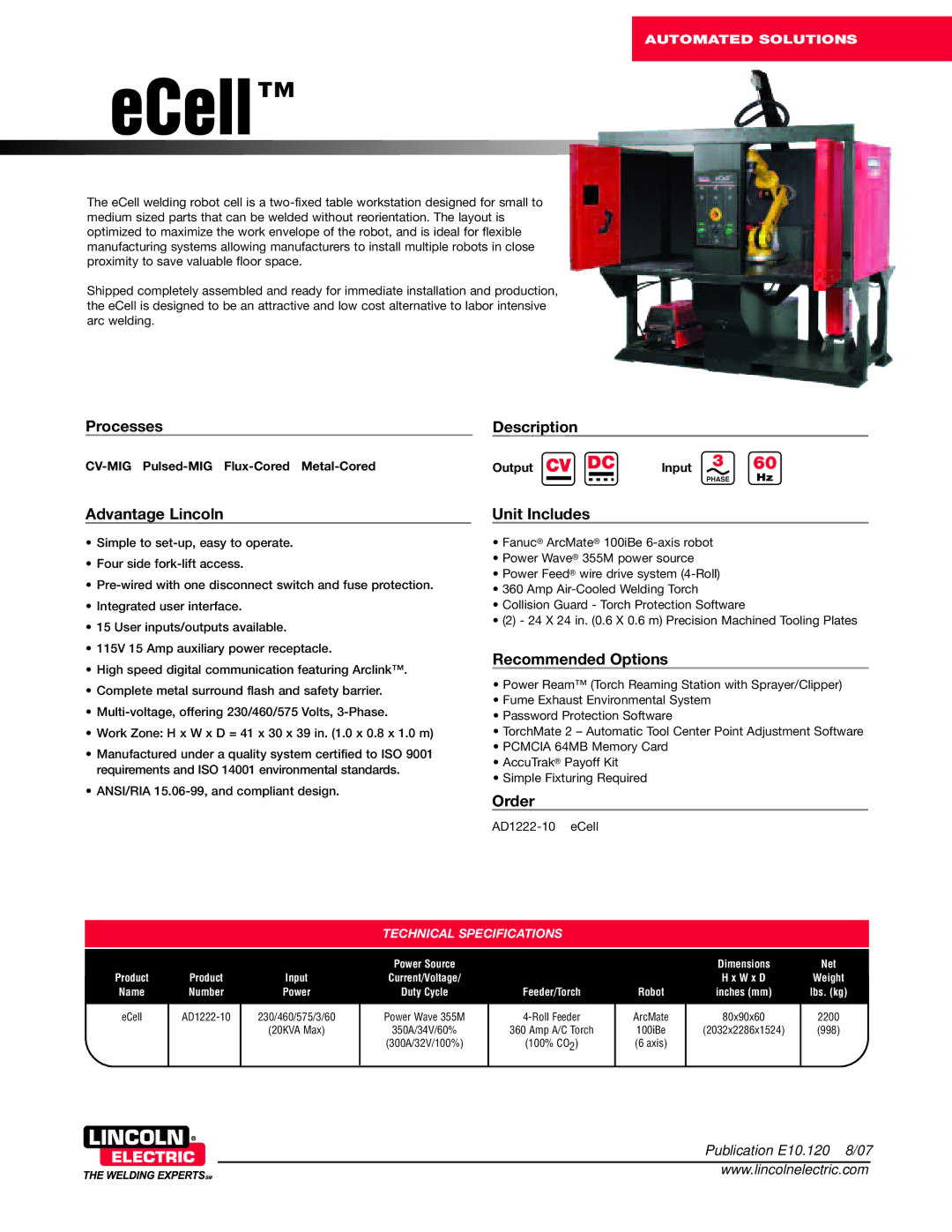 Lincoln Electric eCell dimensions Processes, Advantage Lincoln, Description, Unit Includes, Recommended Options, Order 