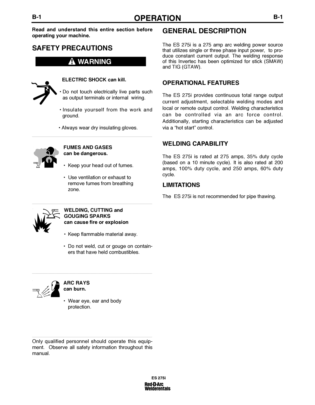 Lincoln Electric ES 275I specifications Operational FEATuRES, Welding CAPAbILITY, Limitations 