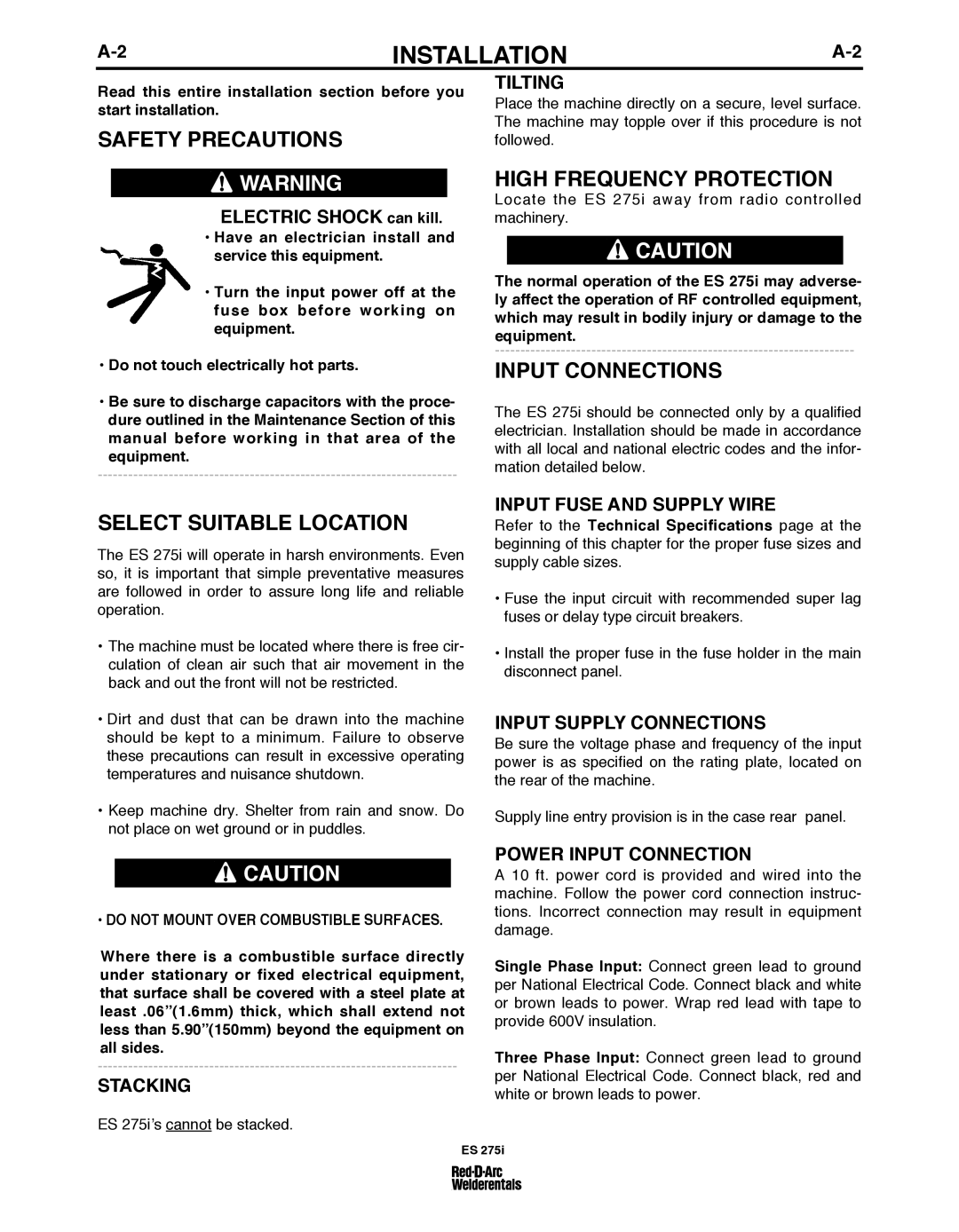 Lincoln Electric ES 275I Safety PRECAuTIONS, Select SuITAbLE Location, HIGh FREQuENCY Protection, INPuT Connections 