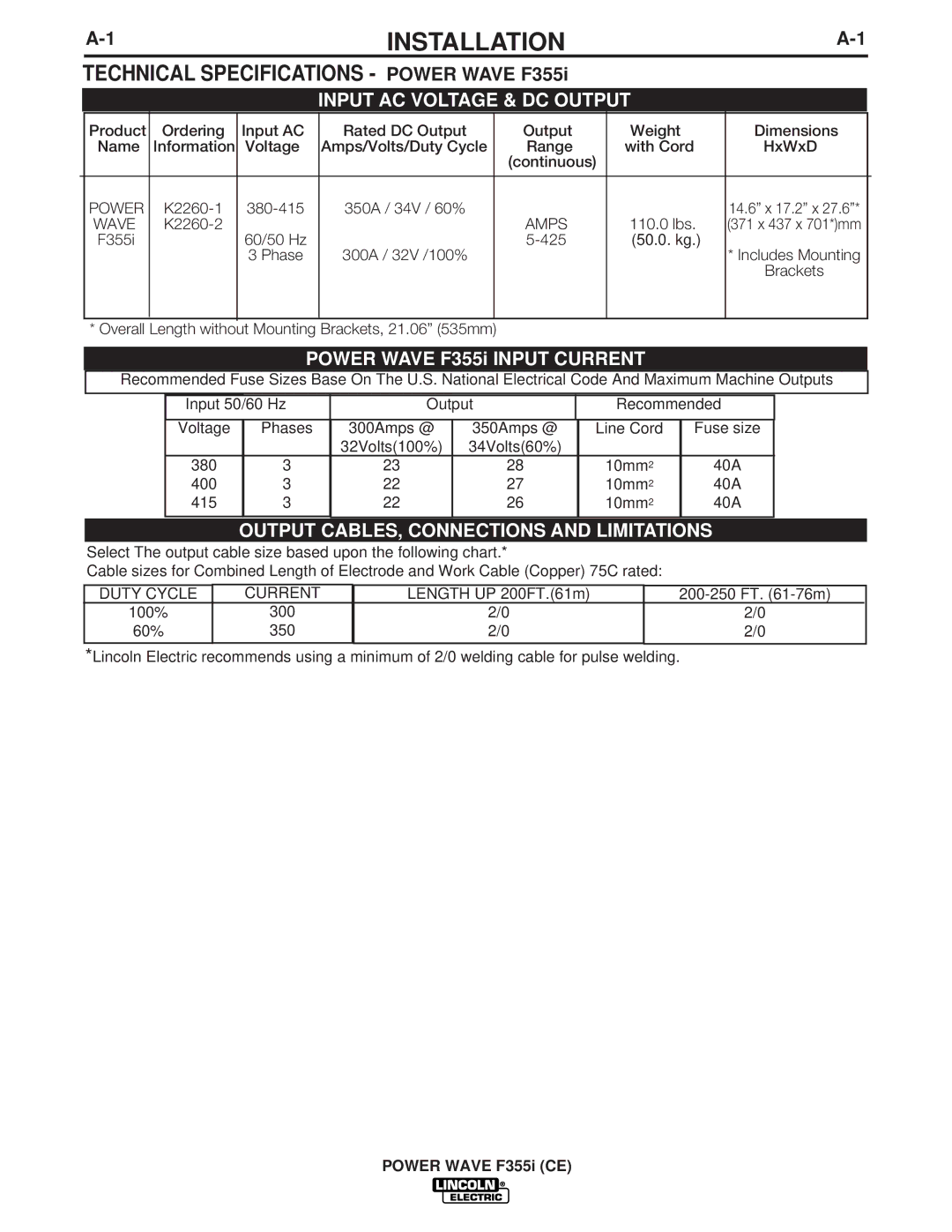 Lincoln Electric F355I manual Installation, Power Wave F355i CE 