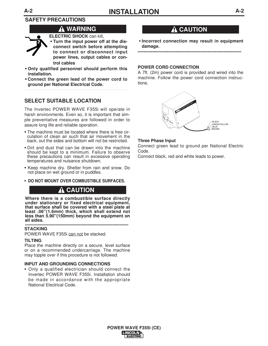 Lincoln Electric F355I manual Safety Precautions, Select Suitable Location 