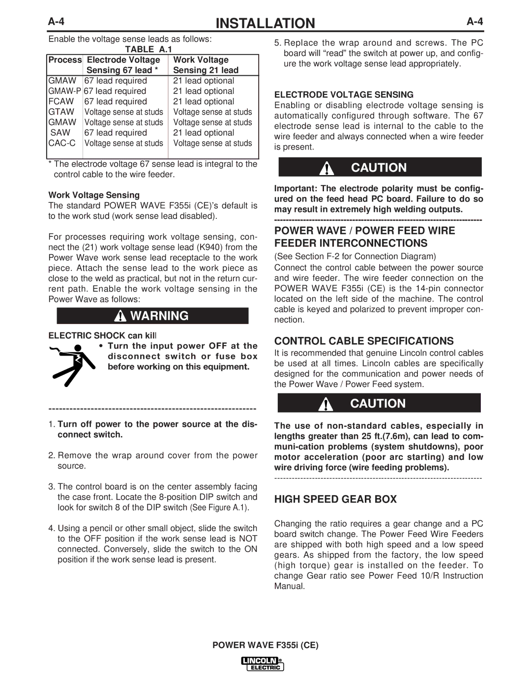 Lincoln Electric F355I manual Power Wave / Power Feed Wire Feeder Interconnections, Control Cable Specifications, Table A.1 