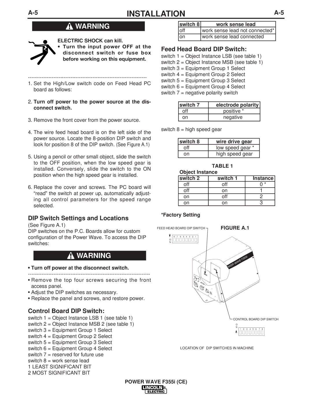 Lincoln Electric F355I manual DIP Switch Settings and Locations, Control Board DIP Switch, Feed Head Board DIP Switch 