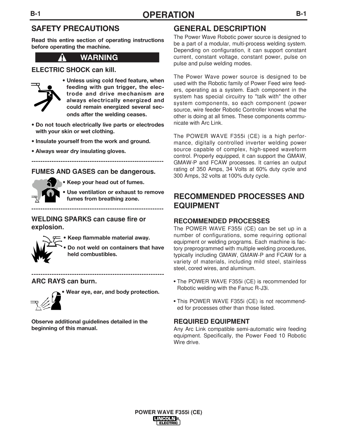 Lincoln Electric F355I manual Operation, Recommended Processes, Required Equipment 