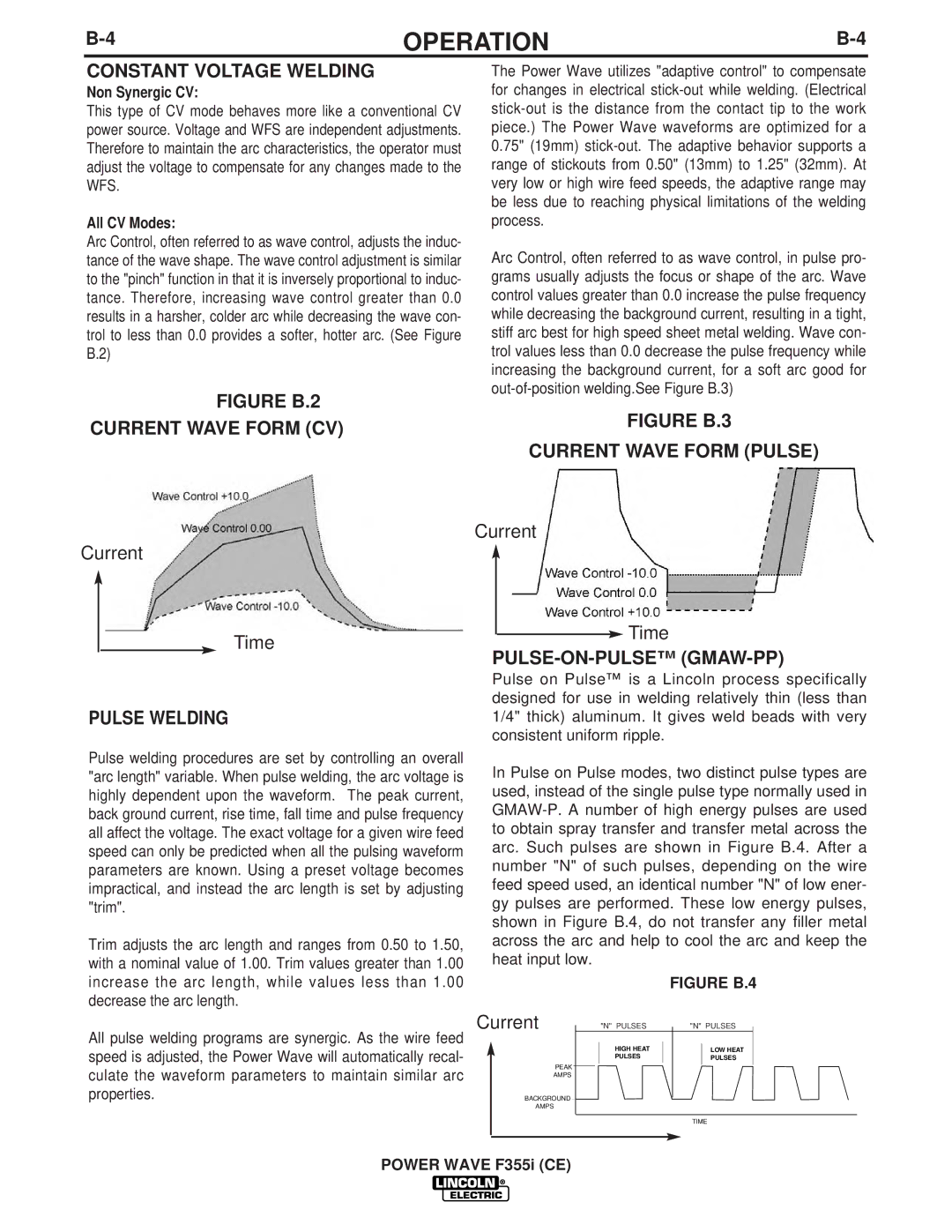 Lincoln Electric F355I manual Constant Voltage Welding, Pulse Welding, Pulse-On-Pulse Gmaw-Pp, Current 