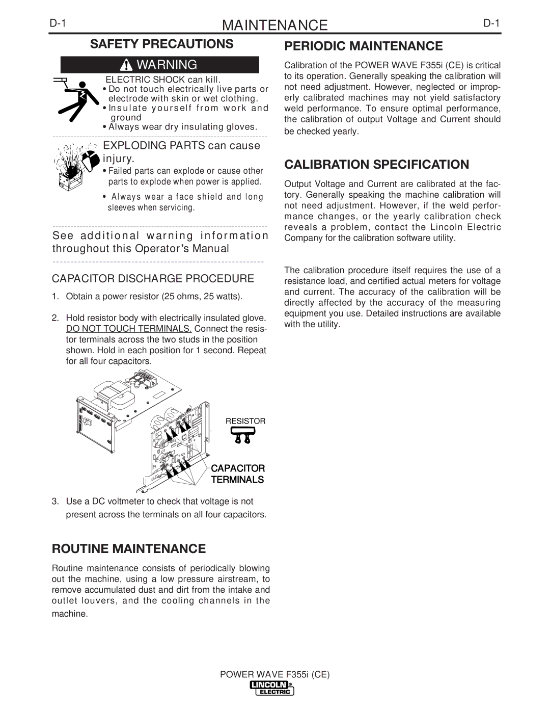 Lincoln Electric F355I manual Maintenance, Exploding Parts can cause injury, Capacitor Discharge Procedure 