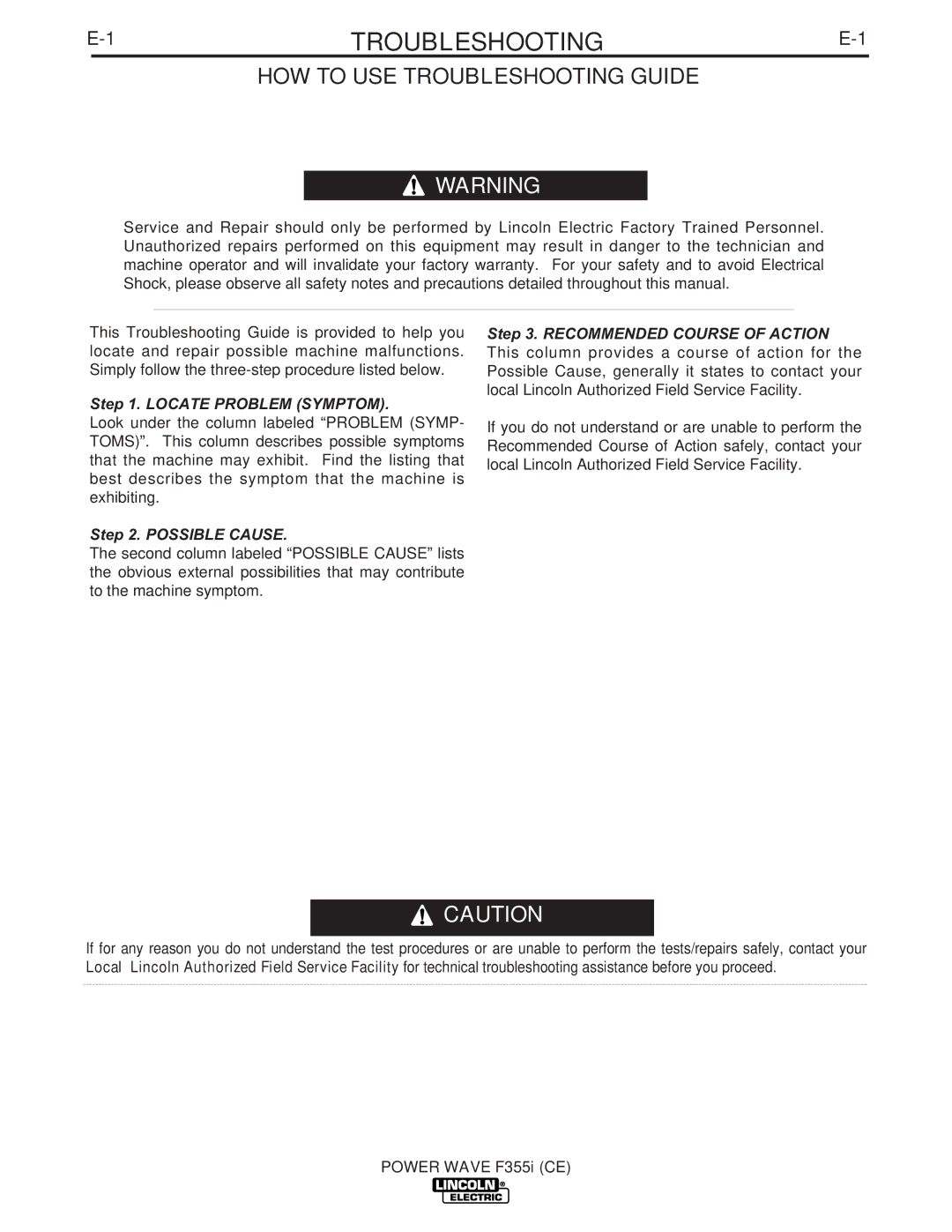 Lincoln Electric F355I manual HOW to USE Troubleshooting Guide 