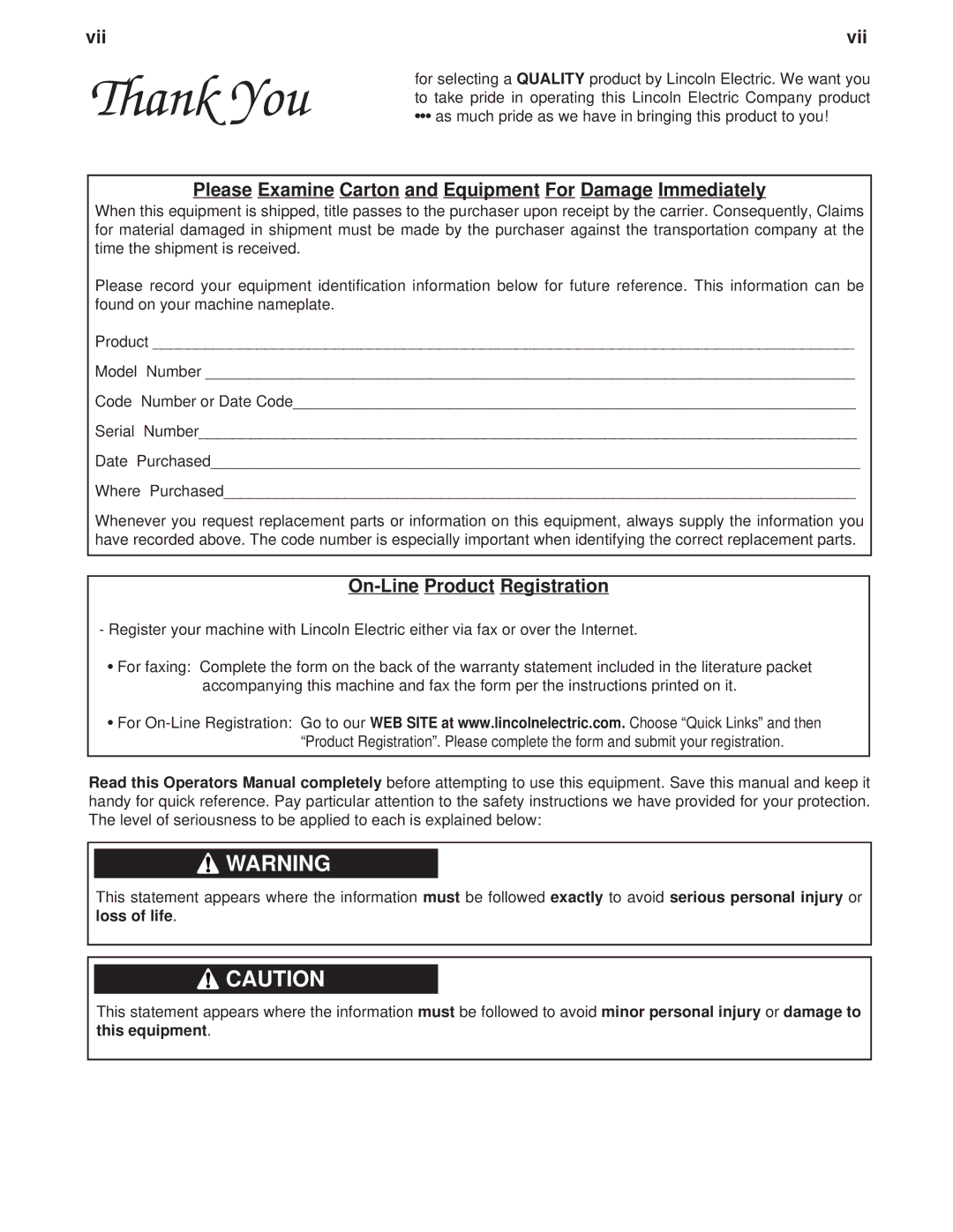 Lincoln Electric F355I manual Vii, Please Examine Carton and Equipment For Damage Immediately, On-Line Product Registration 