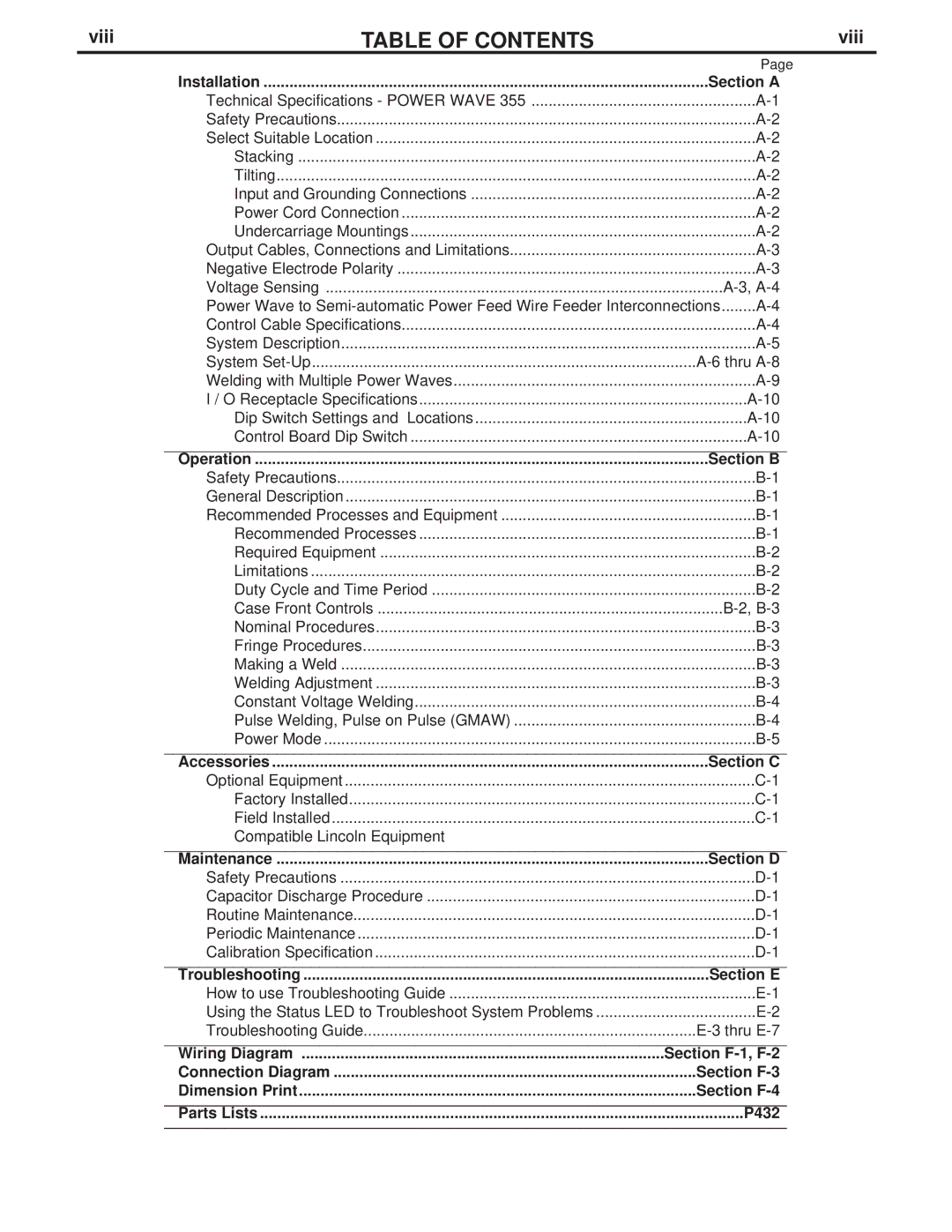 Lincoln Electric F355I manual Table of Contents 