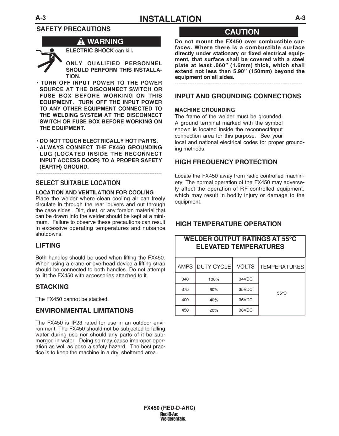 Lincoln Electric FX450 specifications Lifting, Stacking, Environmental Limitations 