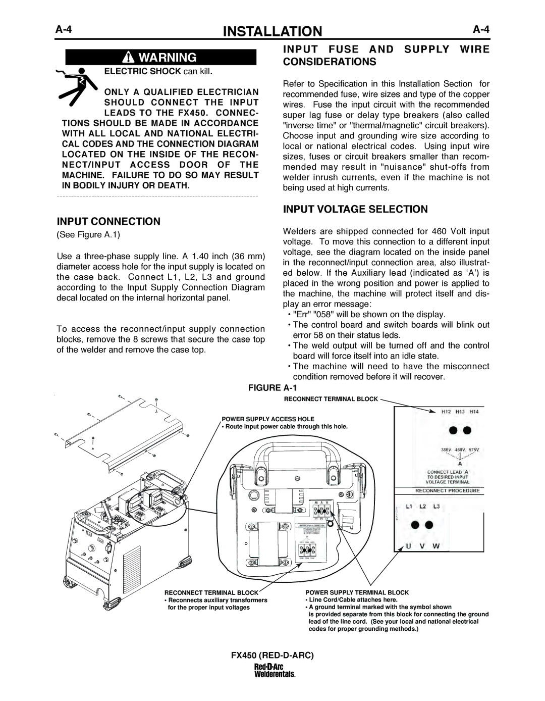 Lincoln Electric FX450 specifications INPuT FuSE and SuPPLY Wire Considerations, INPuT Connection, INPuT Voltage Selection 