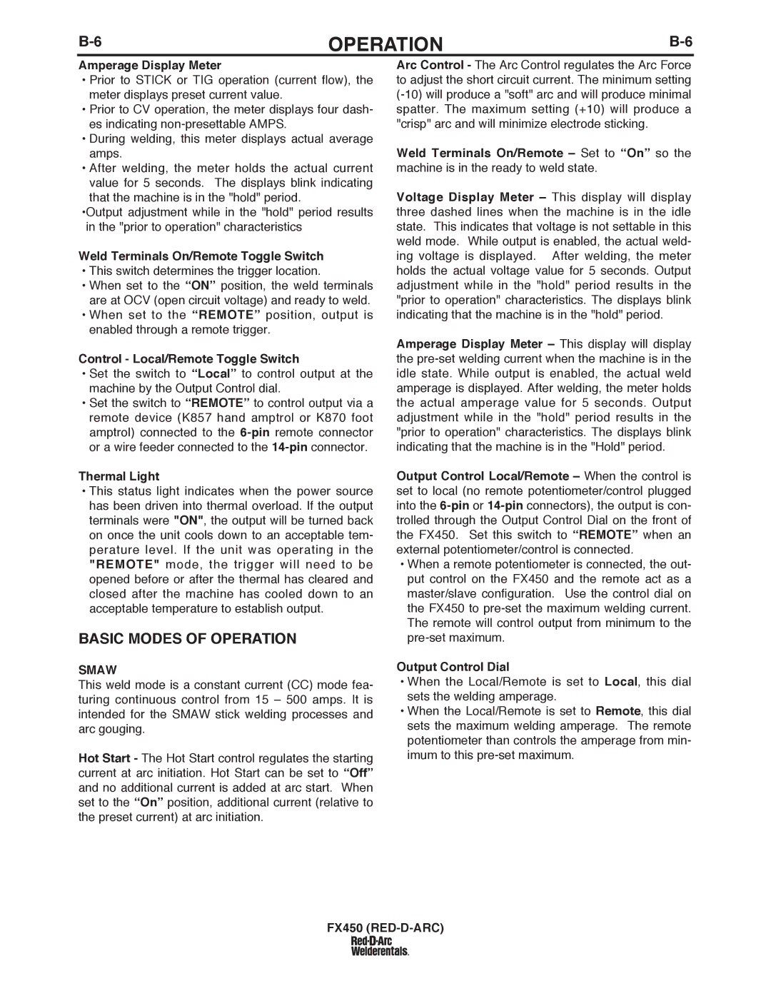 Lincoln Electric FX450 specifications BASIC Modes of Operation, Weld Terminals On/Remote Toggle Switch, Thermal Light, Smaw 