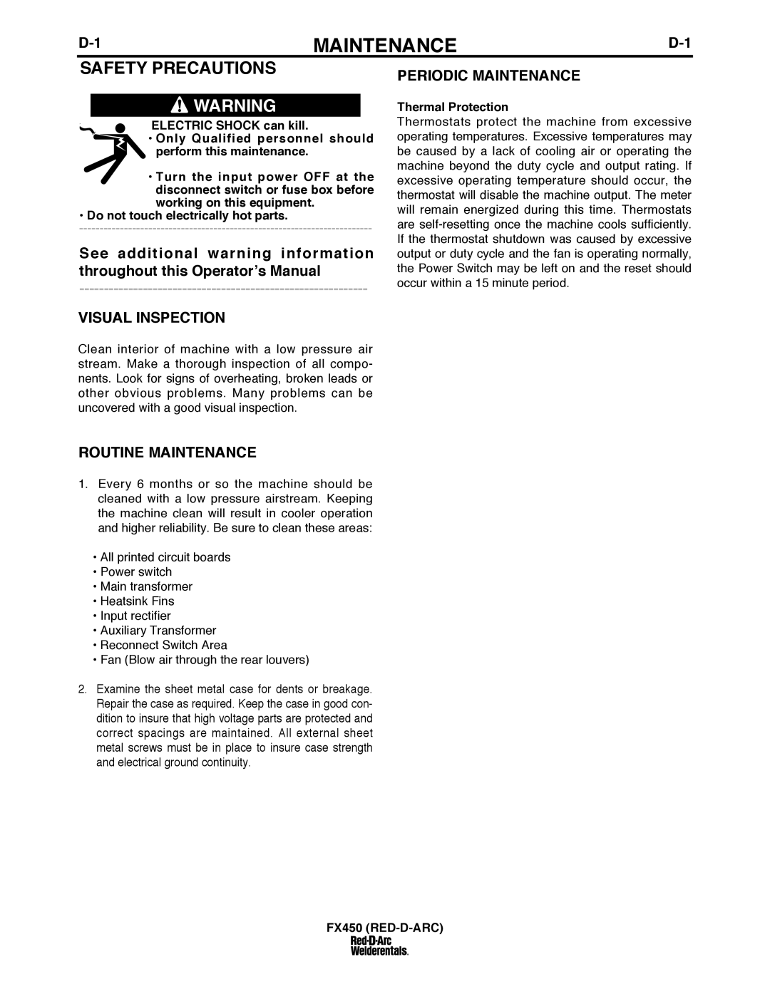 Lincoln Electric FX450 specifications ROuTINE Maintenance, Periodic Maintenance, Thermal Protection 