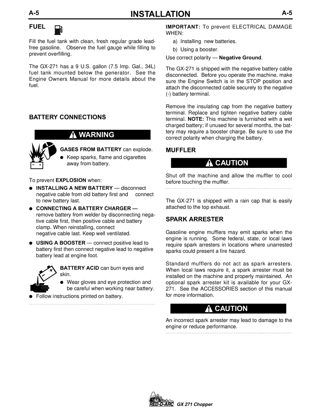 Lincoln Electric GX 271 specifications Fuel, Battery Connections, Muffler, Spark Arrester 