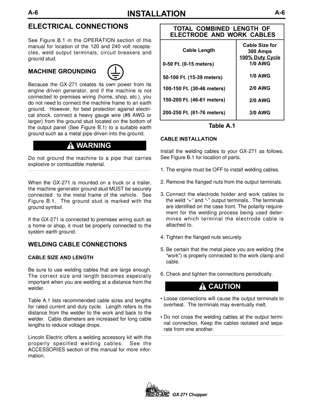 Lincoln Electric GX 271 Electrical Connections, Total Combined Length of Electrode and Work Cables, Machine Grounding 