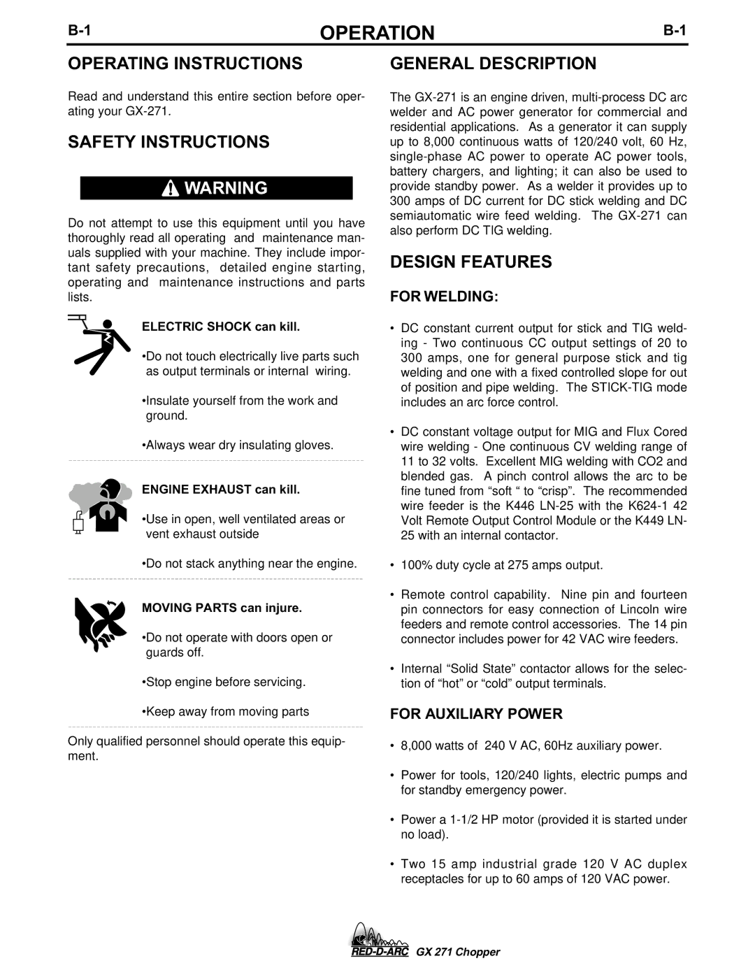 Lincoln Electric GX 271 Operation, Operating Instructions, Safety Instructions, General Description, Design Features 