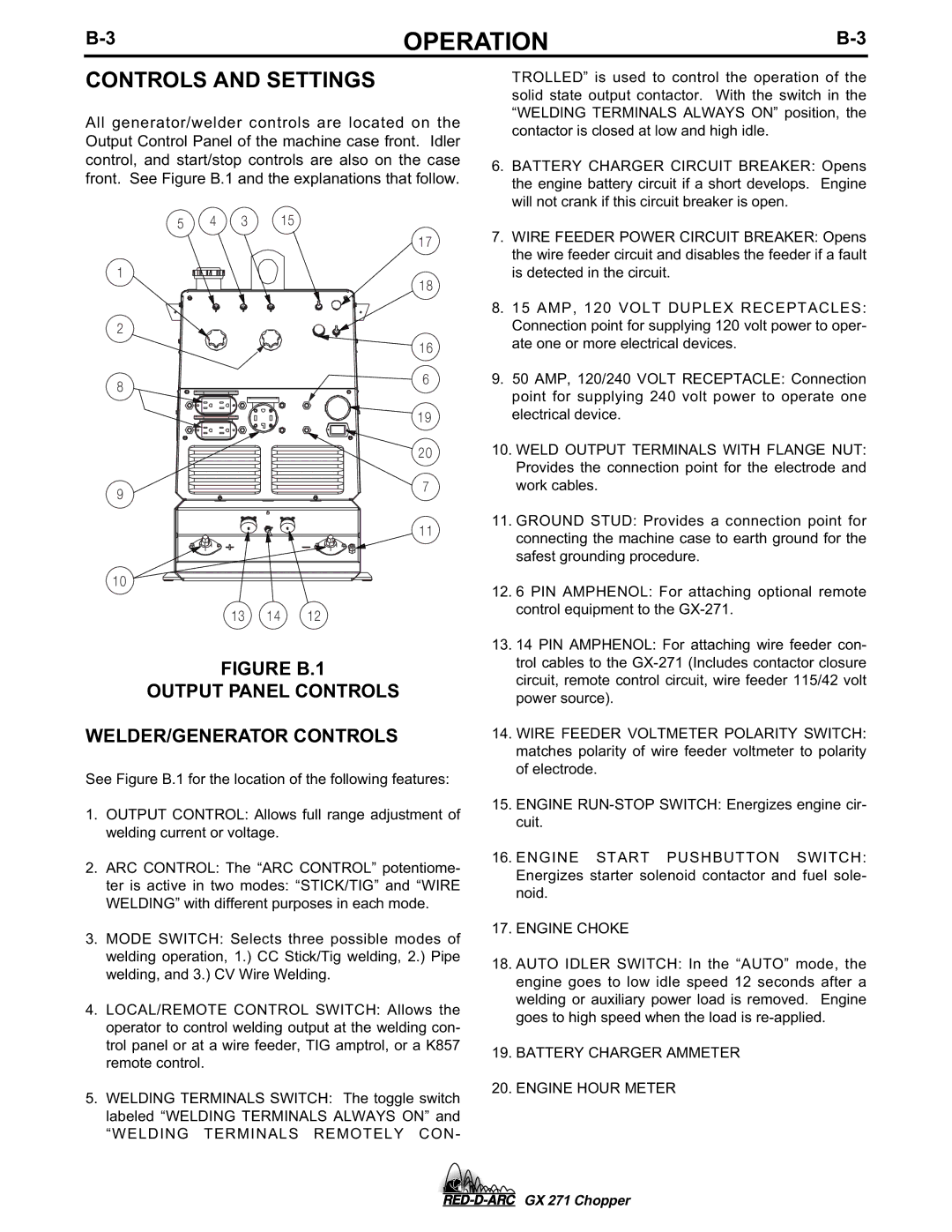 Lincoln Electric GX 271 specifications Controls and Settings, Figure B.1 Output Panel Controls WELDER/GENERATOR Controls 