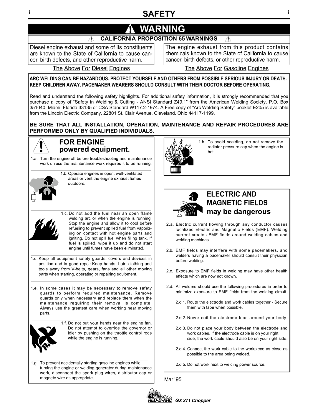 Lincoln Electric GX 271 specifications Safety, California Proposition 65 Warnings 