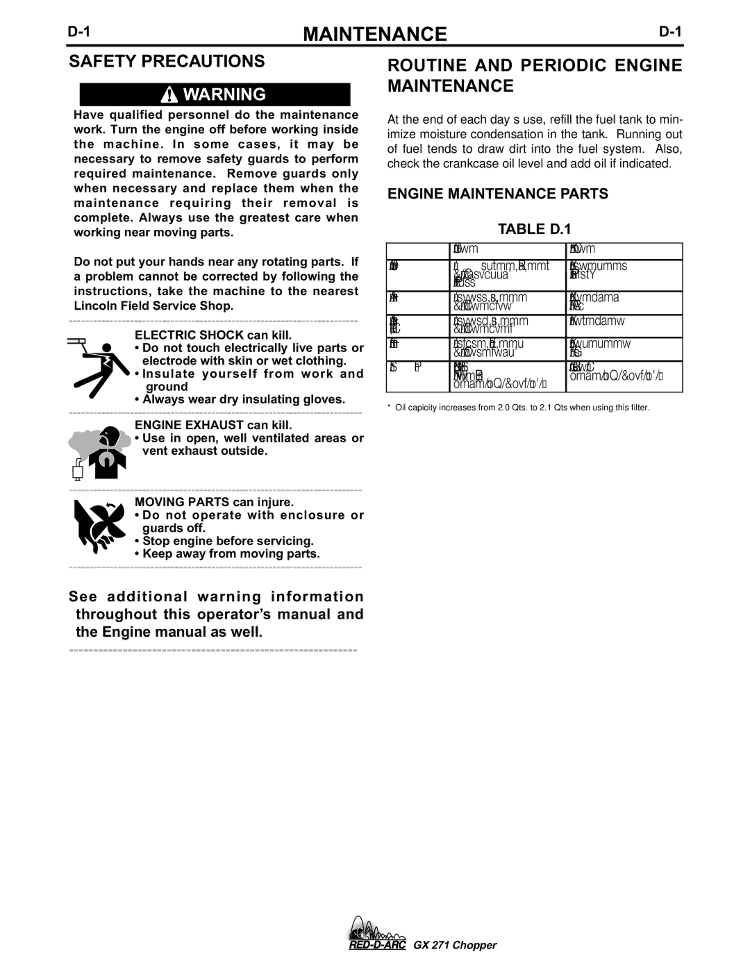 Lincoln Electric GX 271 specifications Safety Precautions, Routine and Periodic Engine Maintenance 