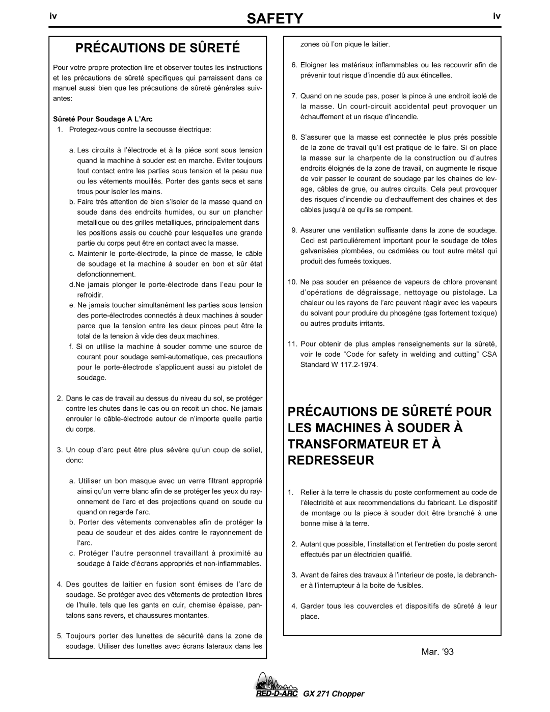 Lincoln Electric GX 271 specifications Précautions DE Sûreté, Sûreté Pour Soudage a L’Arc 