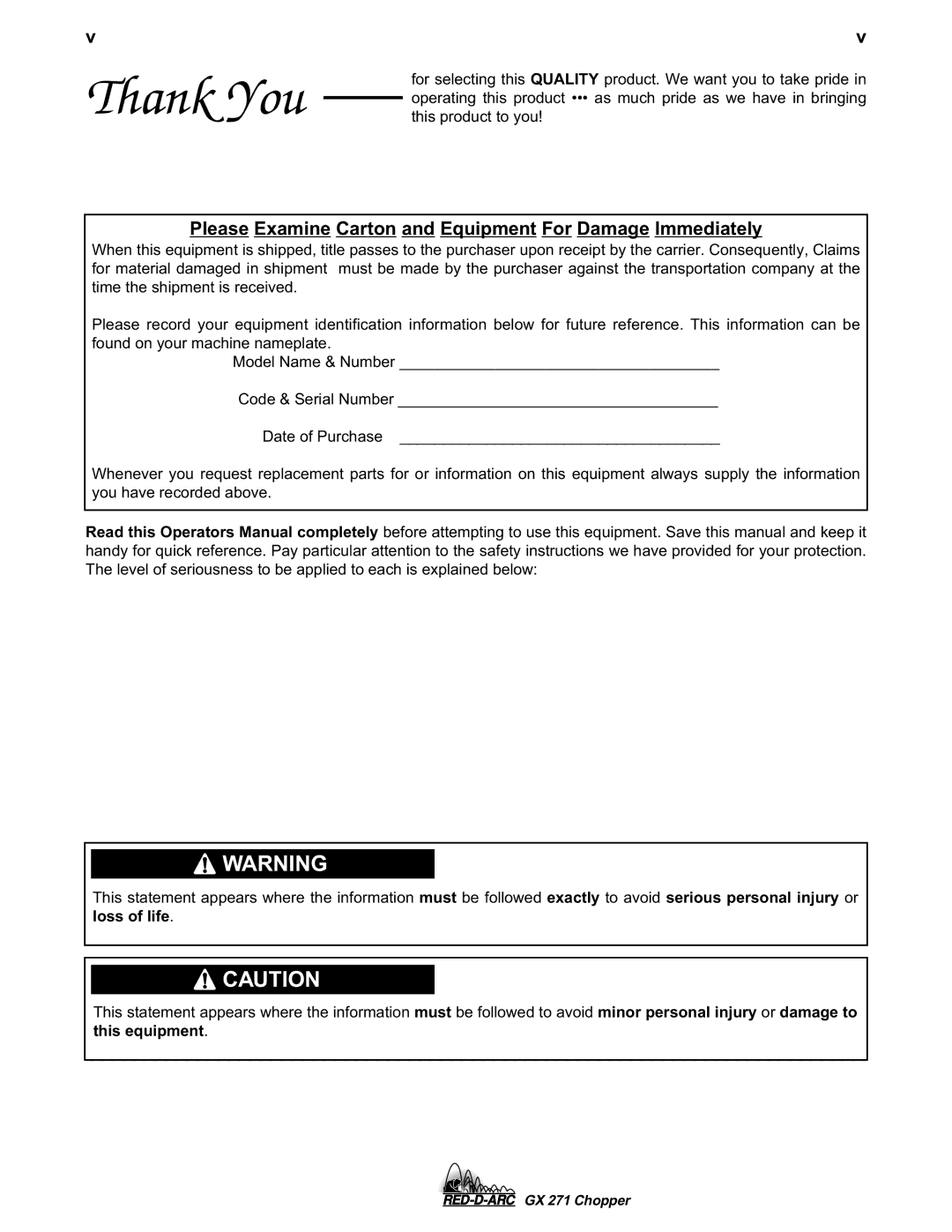 Lincoln Electric GX 271 specifications Thank You 