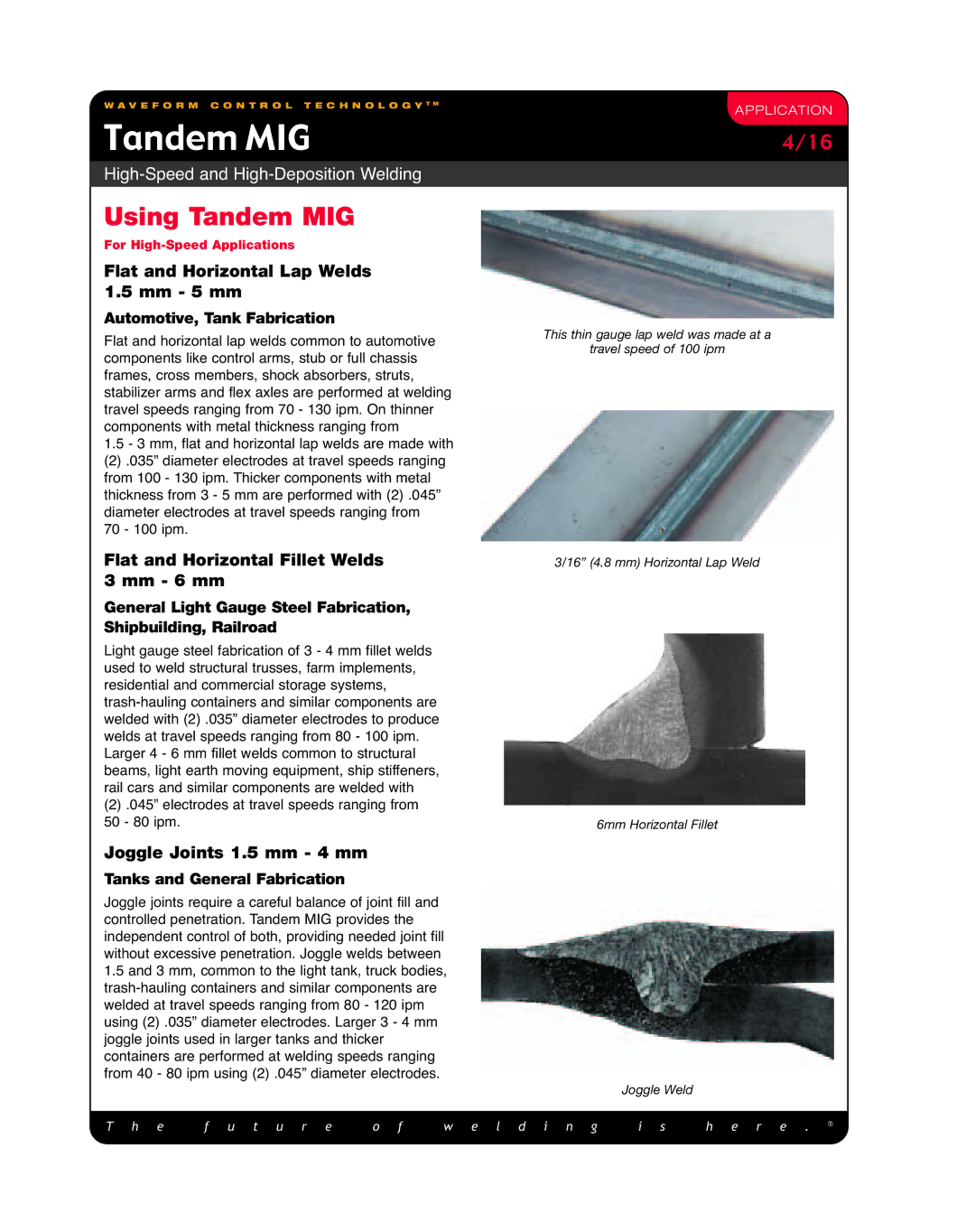 Lincoln Electric High-Speed and High-Deposition Welding manual Using Tandem MIG, Flat and Horizontal Lap Welds 1.5 mm 5 mm 