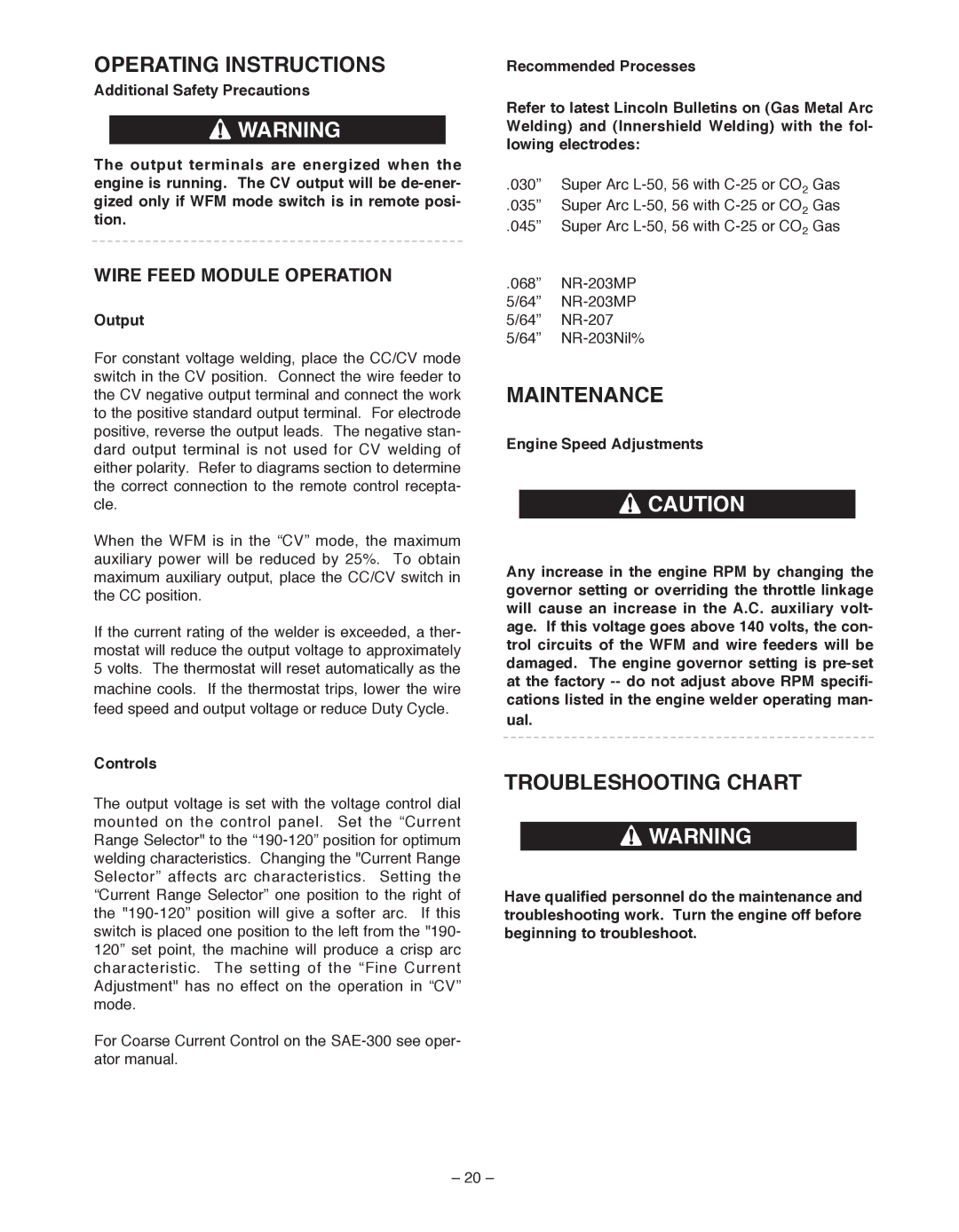 Lincoln Electric IM 513-B manual Operating Instructions, Maintenance, Troubleshooting Chart, Wire Feed Module Operation 