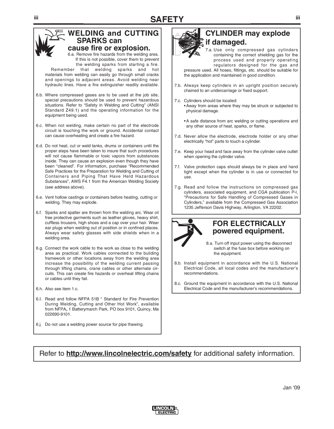 Lincoln Electric IM 513-B manual Welding and Cutting Sparks can Cause fire or explosion, Iii 