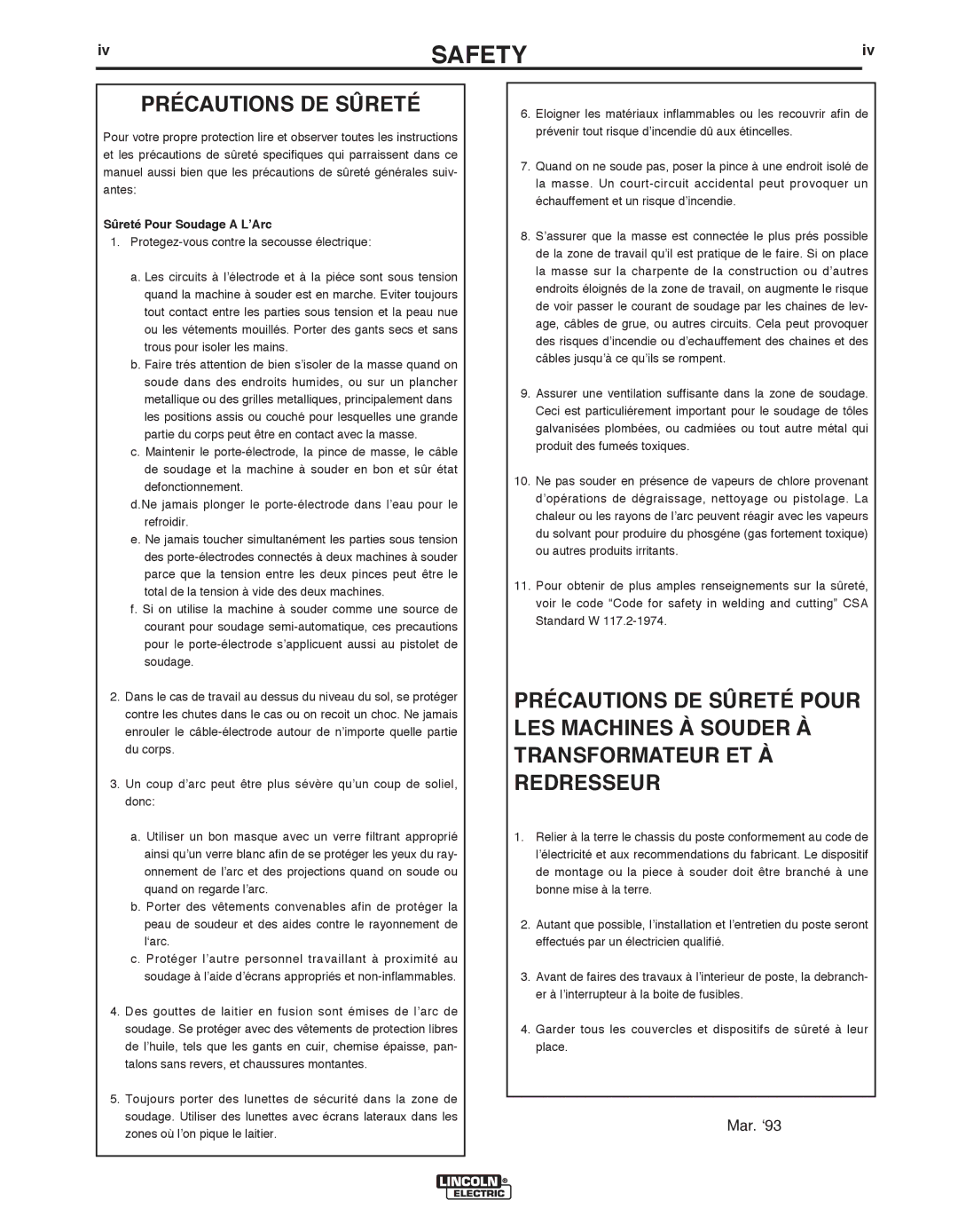 Lincoln Electric IM 513-B manual IvSAFETY, Précautions DE Sûreté 