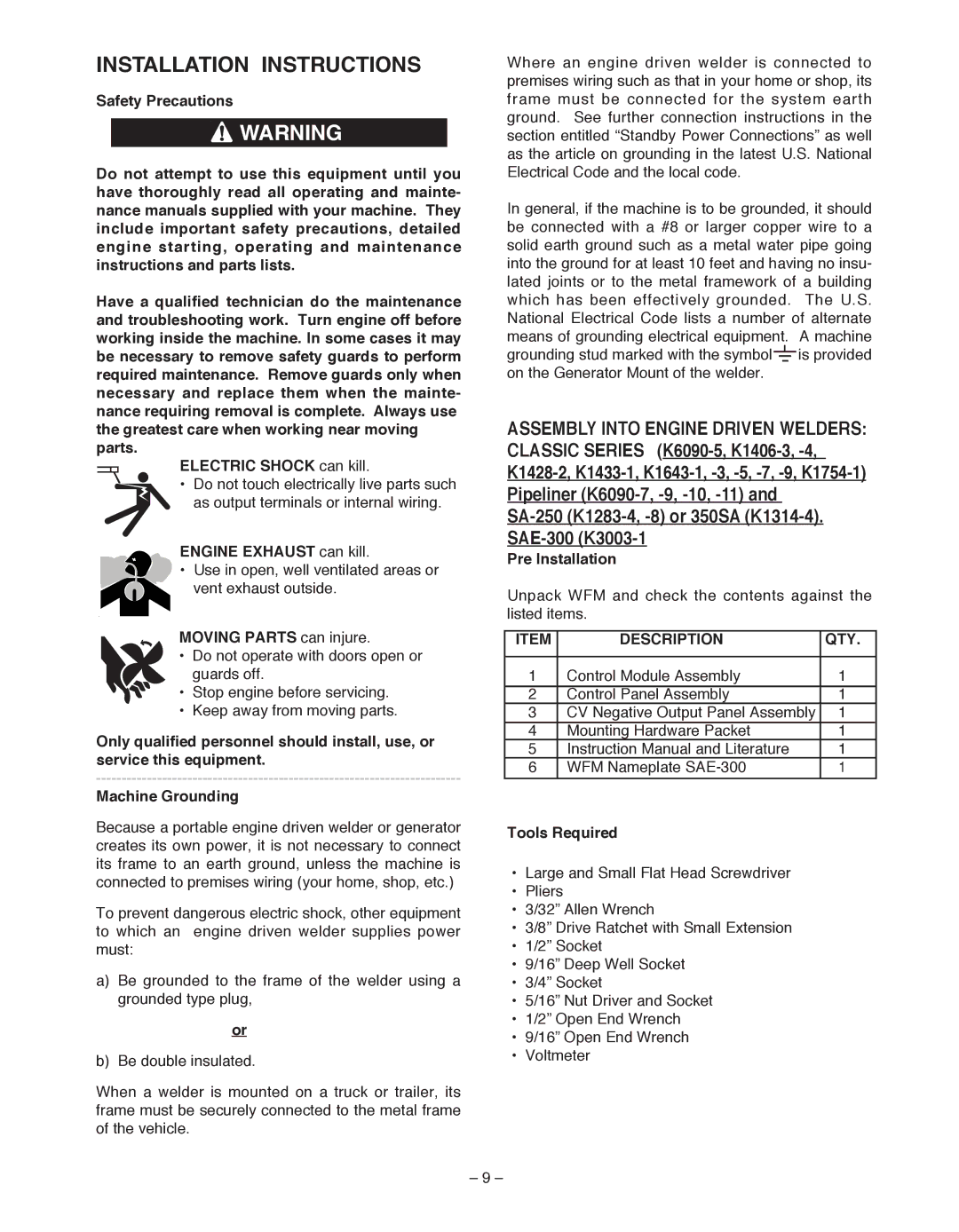 Lincoln Electric IM 513-B Installation Instructions, Engine Exhaust can kill, Moving Parts can injure, Pre Installation 