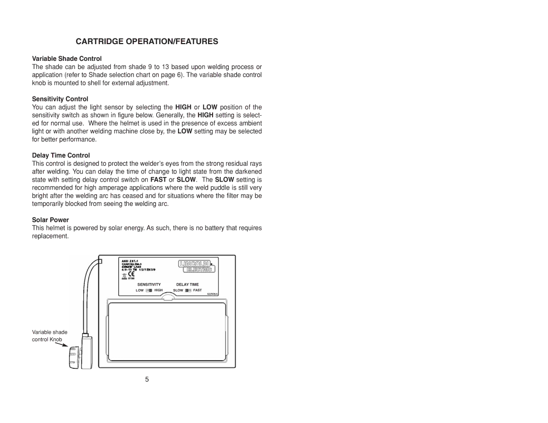 Lincoln Electric IM10001 specifications Cartridge OPERATION/FEATURES, Variable Shade Control 