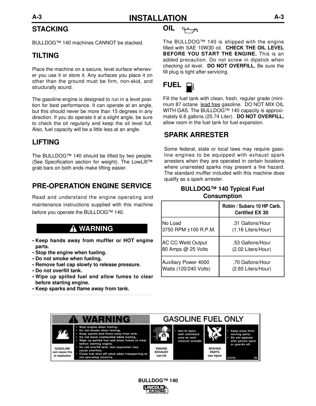 Lincoln Electric IM10005 manual Stacking, Tilting, Lifting, PRE-OPERATION Engine Service, Oil, Fuel, Spark Arrester 