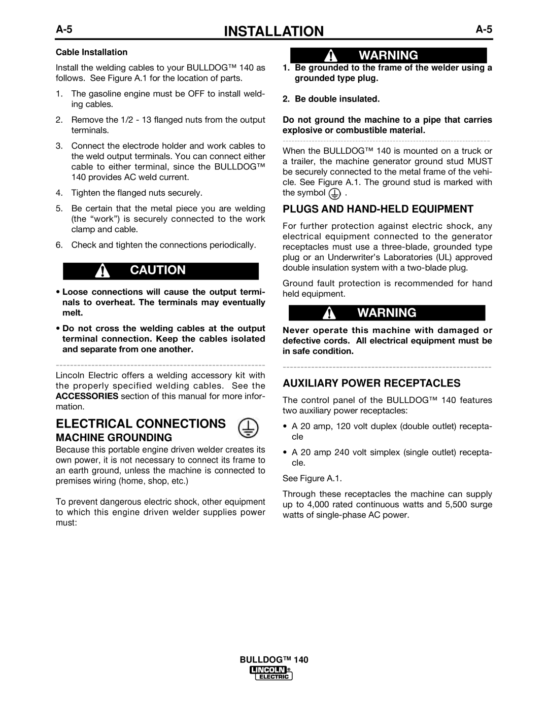 Lincoln Electric IM10005 manual 5INSTALLATIONA-5, Electrical Connections, Machine Grounding, Plugs and HAND-HELD Equipment 