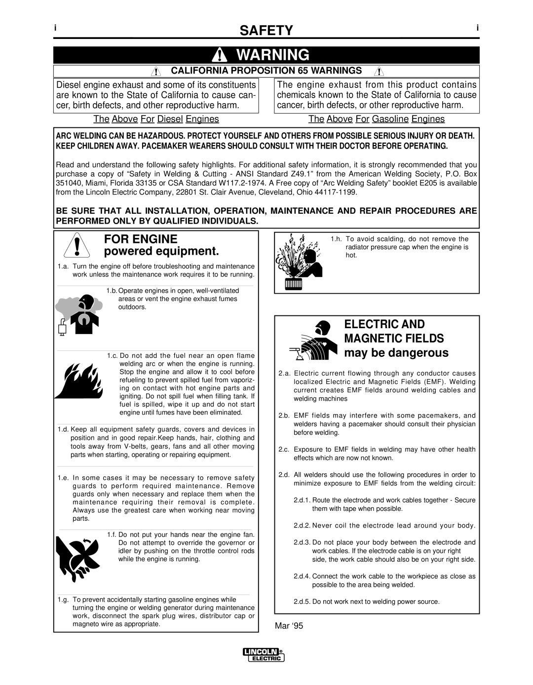 Lincoln Electric IM10005 manual Safety, California Proposition 65 Warnings 