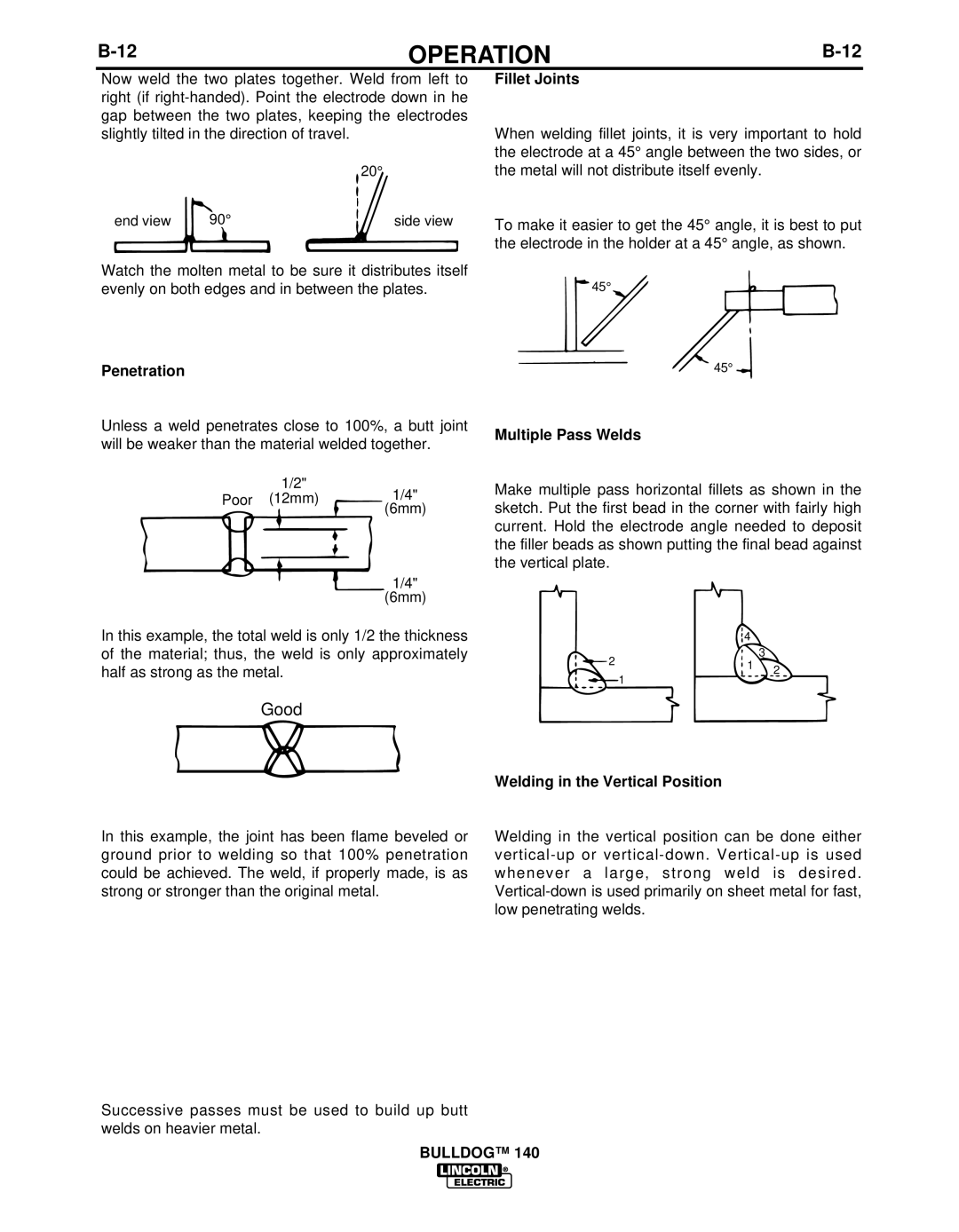 Lincoln Electric IM10005 manual Fillet Joints, Penetration, Multiple Pass Welds, Welding in the Vertical Position 