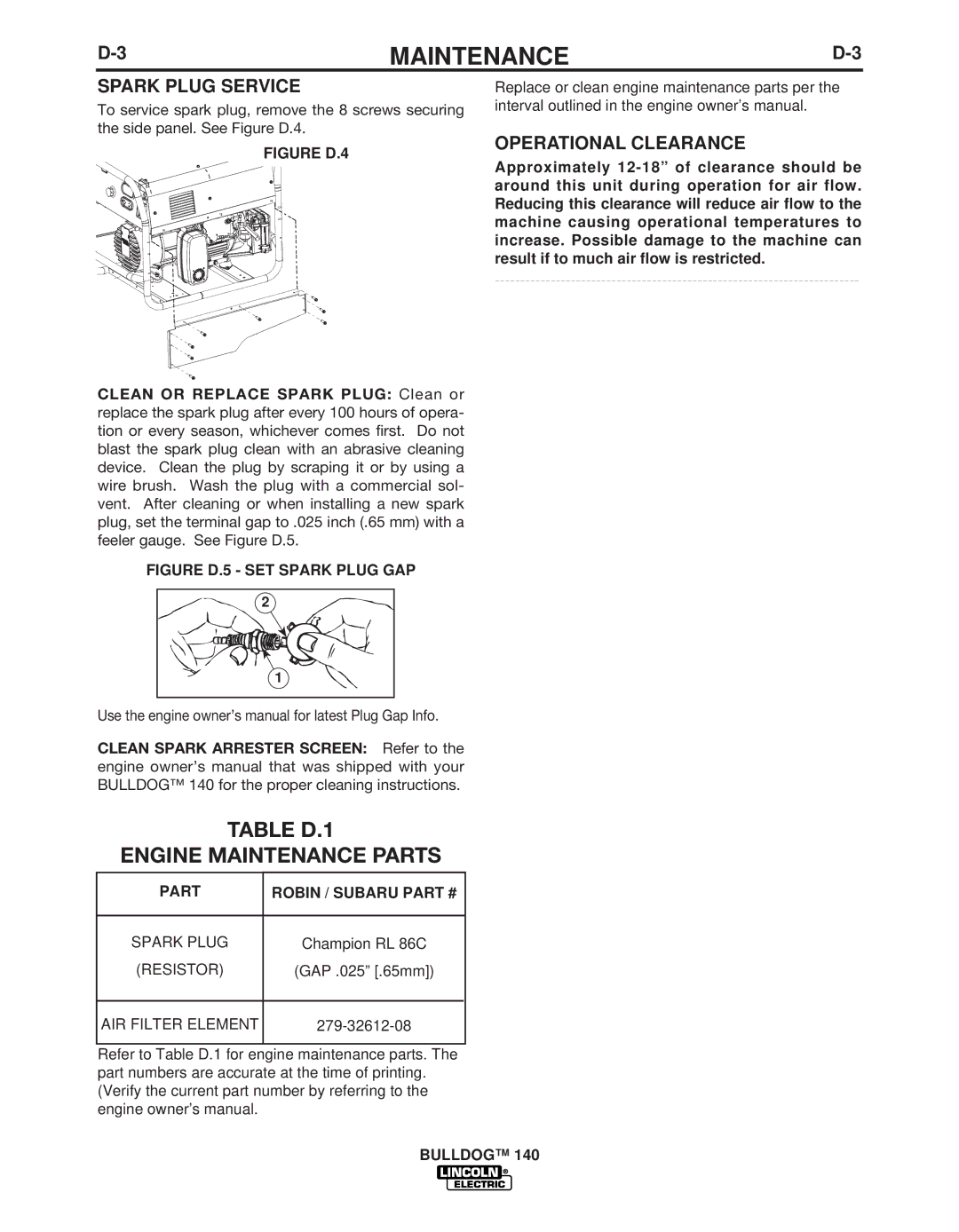 Lincoln Electric IM10005 manual Table D.1 Engine Maintenance Parts, Spark Plug Service, Operational Clearance 