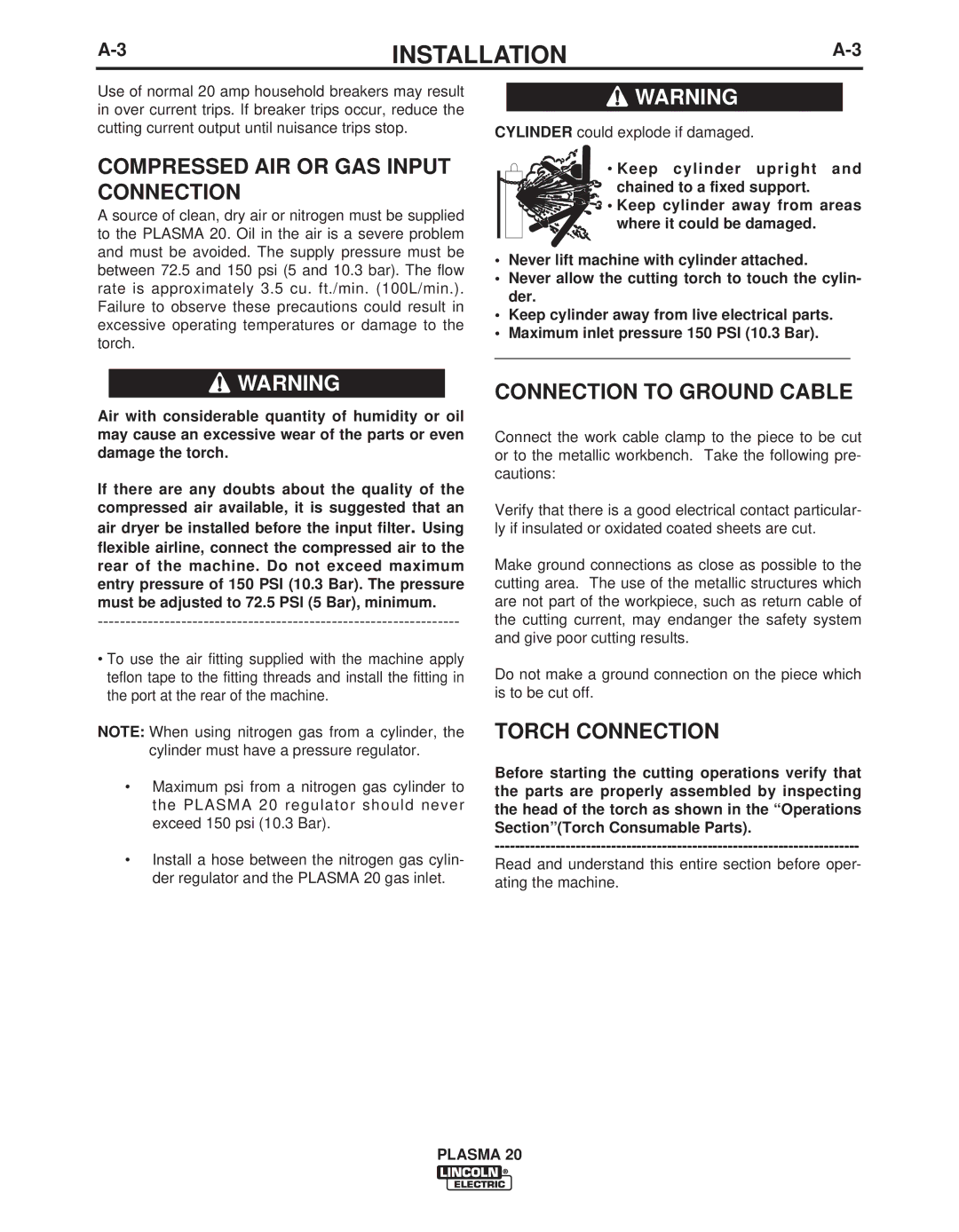 Lincoln Electric IM10006 manual Compressed AIR or GAS Input Connection, Connection to Ground Cable, Torch Connection 