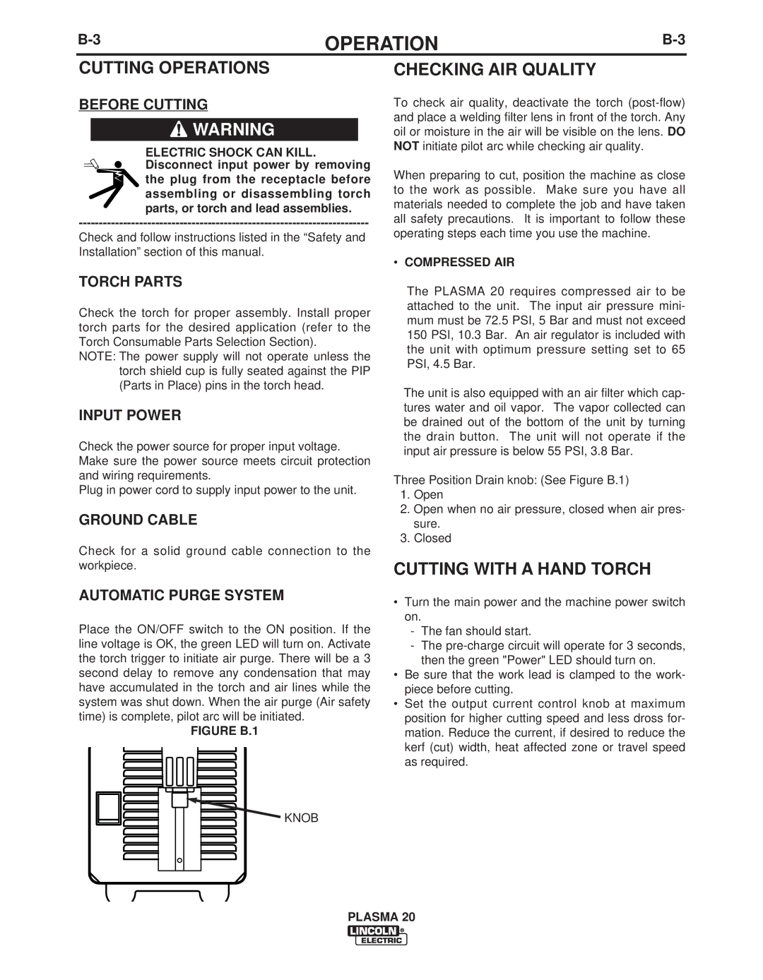 Lincoln Electric IM10006 manual Cutting Operations, Checking AIR Quality, Cutting with a Hand Torch 