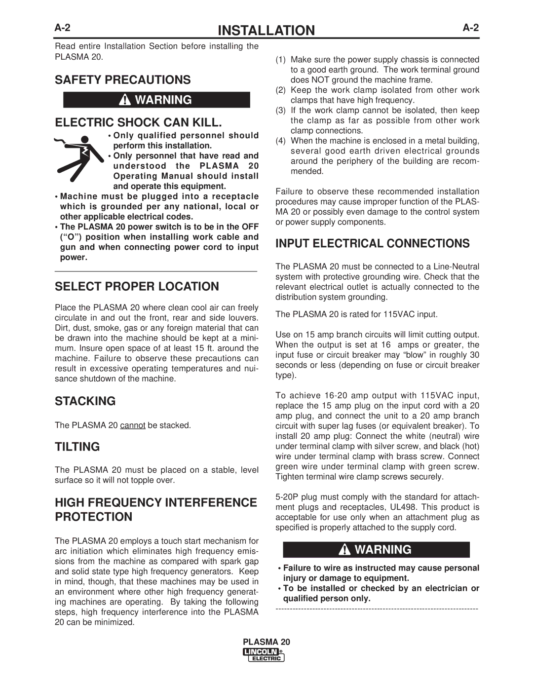 Lincoln Electric IM10006 manual Safety Precautions Electric Shock can Kill, Select Proper Location, Stacking, Tilting 